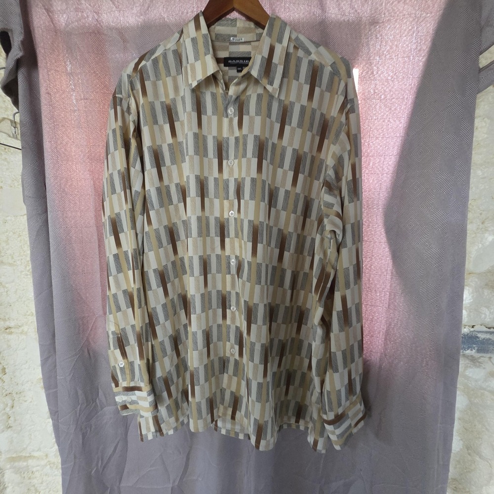 Bassiri Shirt Mens 3XL Beige Geometric Long Sleeve Microfiber Button-Up Casual